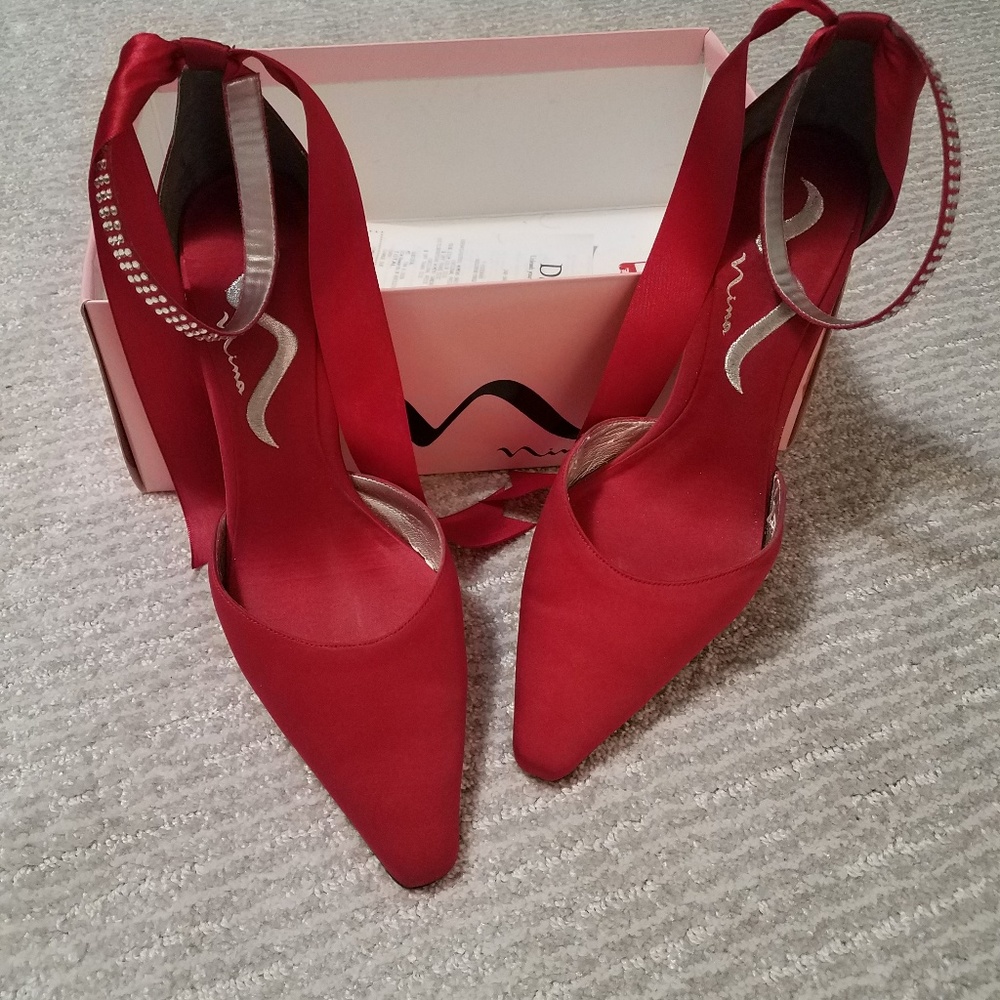 Nina red satin jeweled heels